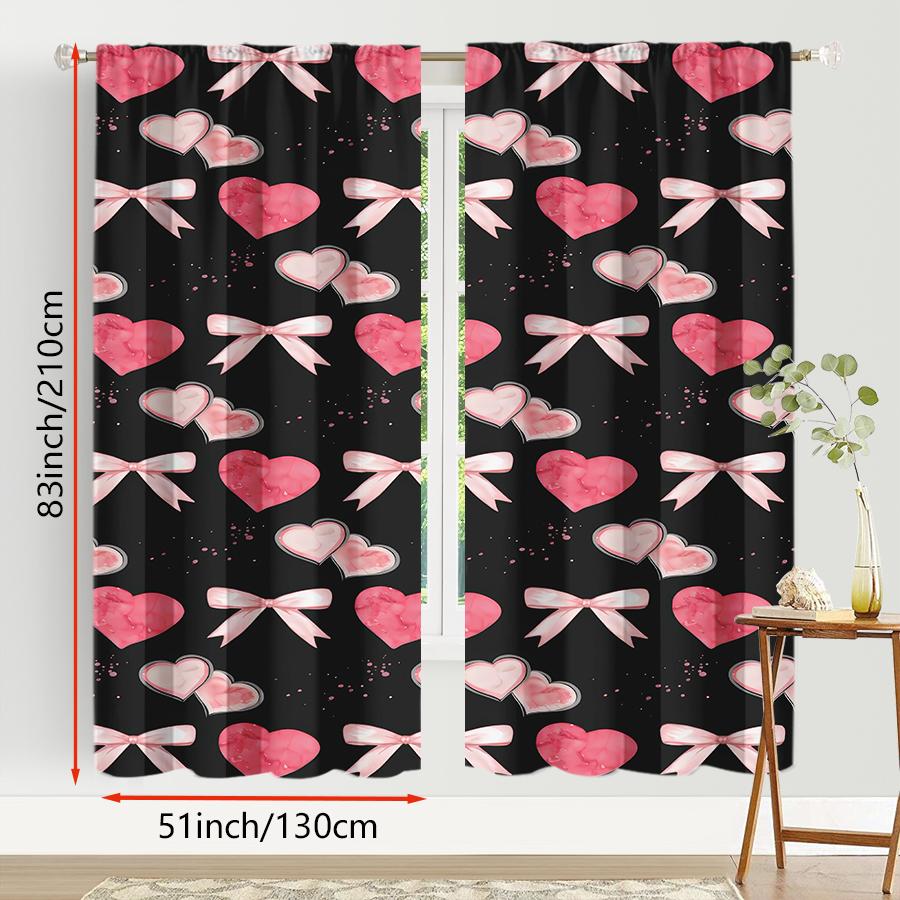 2PCS black background powder heart curtains   sweet and cool style   bedroom and living room   decorative with drawbar pockets