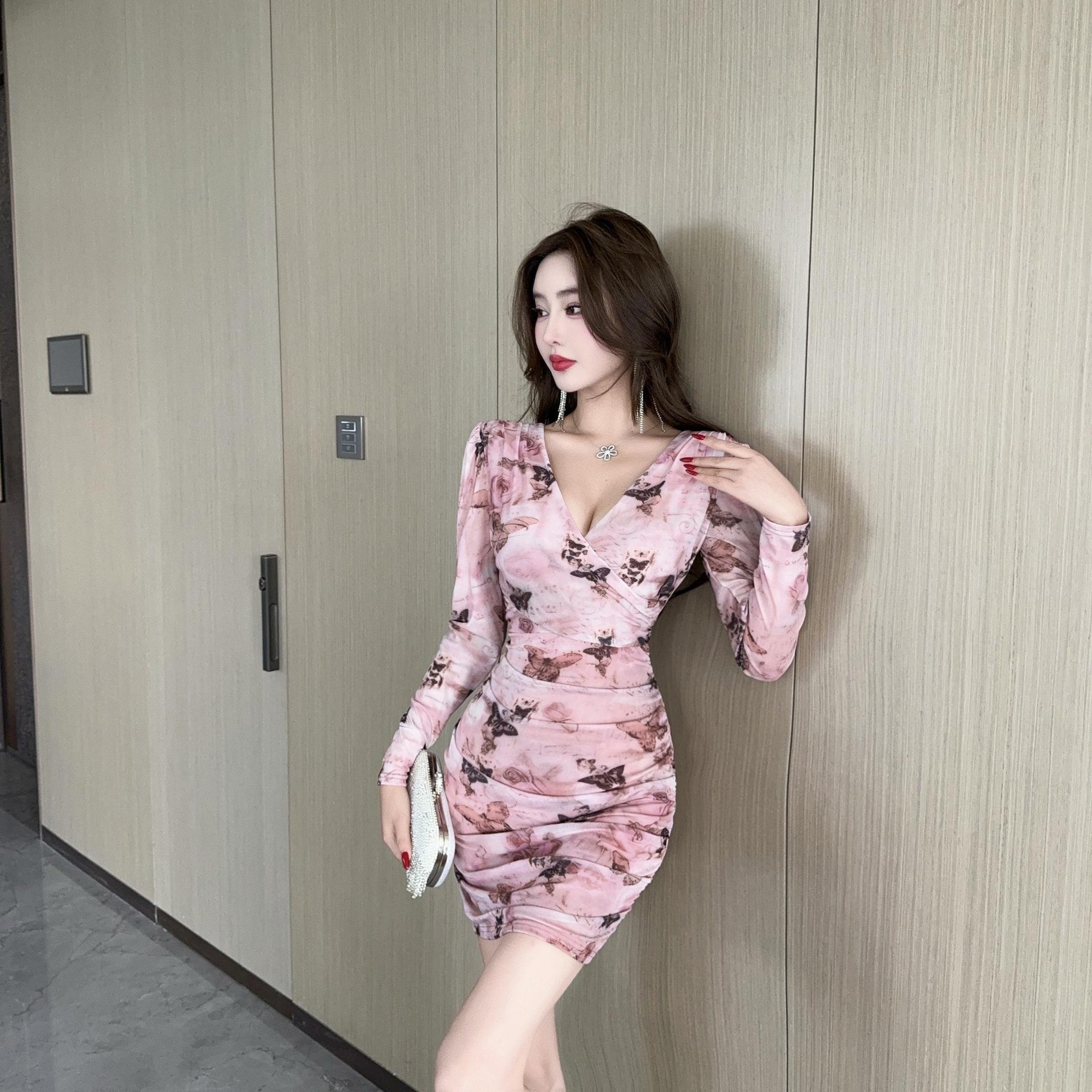 

Women s Sexy Black Folded Mesh V-Neck Long Sleeve Hip Wrap Short Bottom Dress Autumn New L рожевий