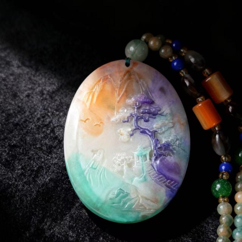 Versatile Rainbow Spotted Stone Carved Necklace Pendant Fortune Dragon Plaque Sweater Chain Fashion Jewelry Mother'S Day Gift