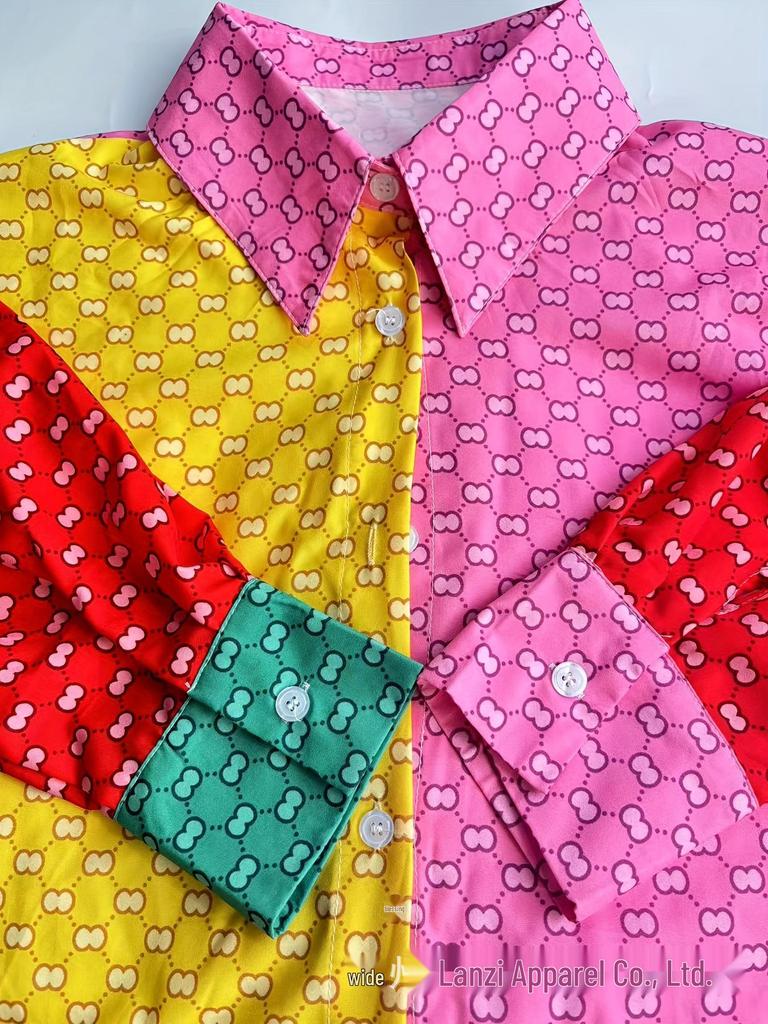 Kleurrijk Patchwork Retro Lange Mouwen Shirt met Kraag - Grote Maat