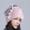 Winter Women's Warm Fashion Thick Wool Hat Rex Rabbit Fur Hat Knitted with Side Flower Hat