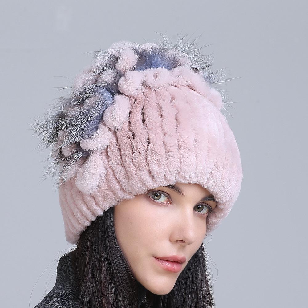 Winter Women's Warm Fashion Thick Wool Hat Rex Rabbit Fur Hat Knitted with Side Flower Hat