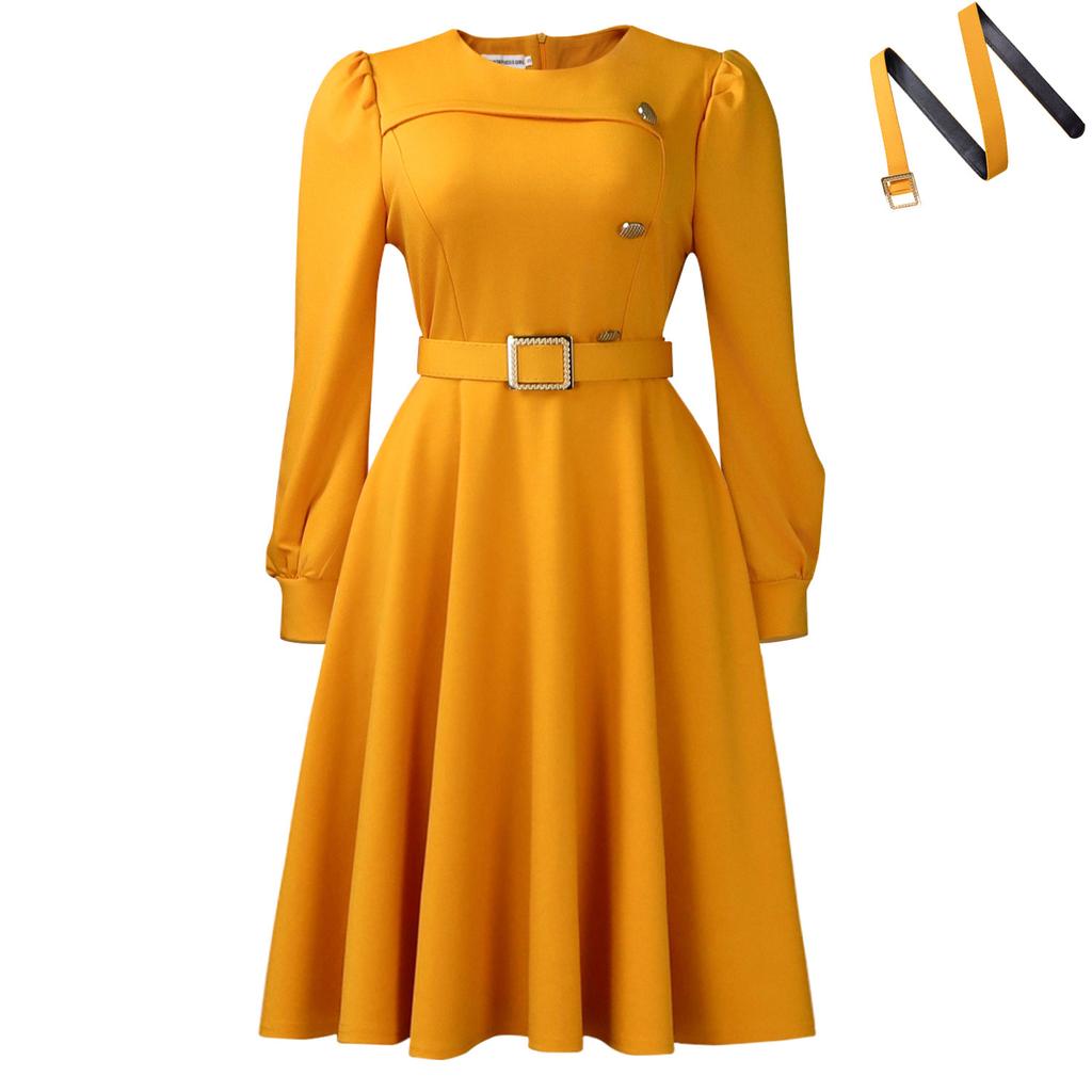 New Round-neck Long-sleeved High-waisted A-line Skirt - Elegant Party Pure-color Dress