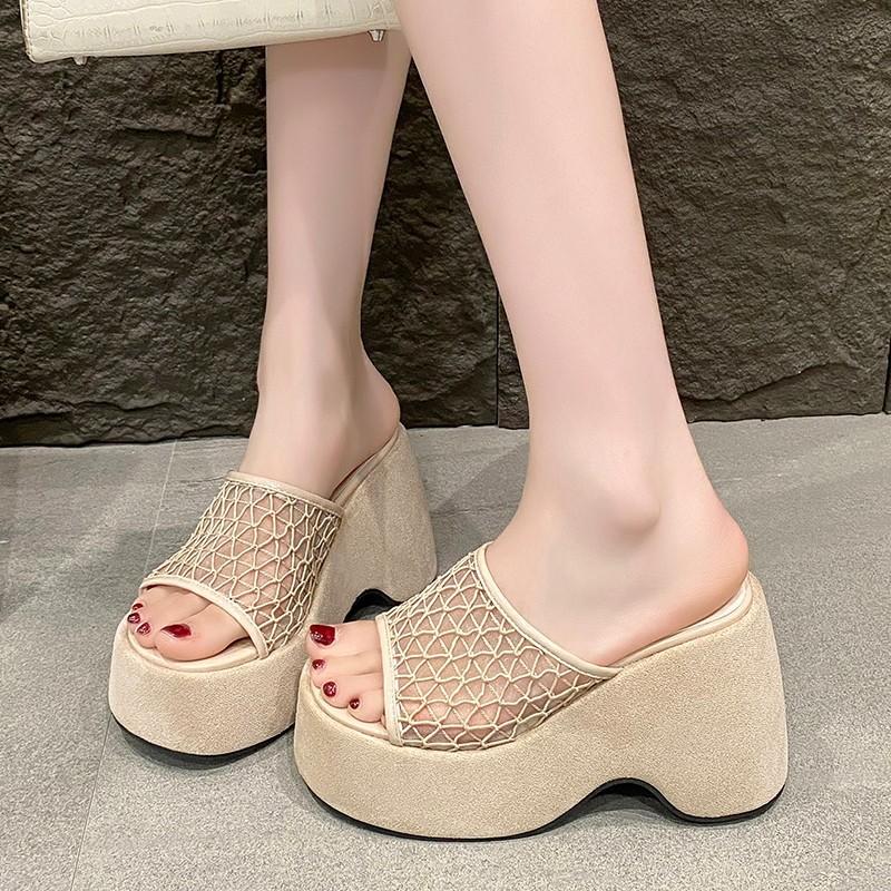 Sloping Heel Lace Mesh One-line Slippers, Summer Toe-exposing Shoes Slimming Thick-soled Cool Slippers