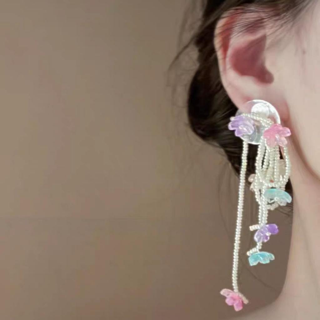 Early spring tones _ colored flower fringed beaded earrings women's seaside vacation wind sweet stud earrings senior feeling earrings