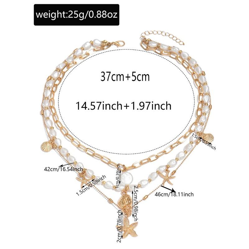 Summer Seaside Starfish Conch Necklace Women's Multi-layer Stacking Design Sense Vacation Imitation Pearl Collarbone Chain