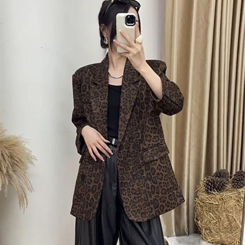 Fashion Leopard Print Blazer Women Autumn Long Sleeve Casual Suit Jacket Mid Length Trendy Coat