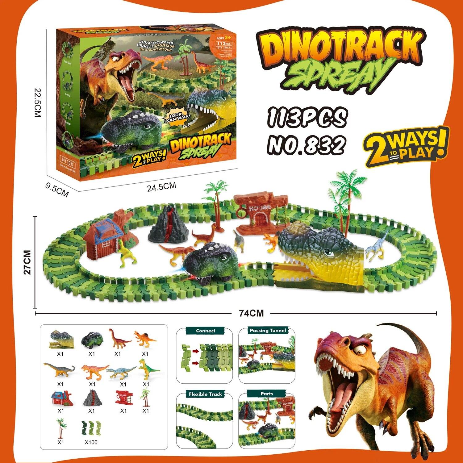 

Electric Dinosaur Car Toy with Light and Sound Dinosaur Track Mountain Road Rail Puzzle Play Set for Kids Boys Christmas Birthday Gift