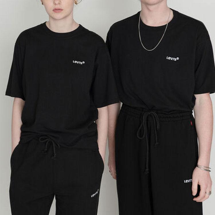 Levis Solid Logo Embroidered Crew Neck Pullover T-Shirt Unisex Tops Black A0637-0001