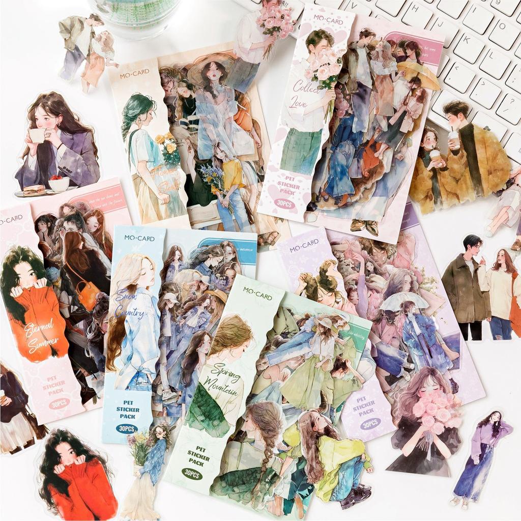 30 PCS Cute People Sticker PET Materials Junk Journal Sticker Girl Life Series DIY Scrapbooking Collage Stationery Decor Supplies