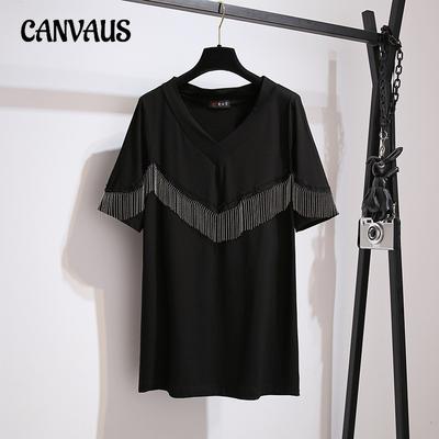 Lockerer Modetrend Quaste Spleißen Damen Sommer Kurzarm T-Shirt in Übergröße