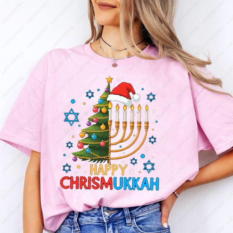Happy Chrismukkah Tshirt Hanukkah Christmas Menorah Tree Tees Retro Fashion Xmas Casual Wear High Quality Men Woman Cotton Shirt
