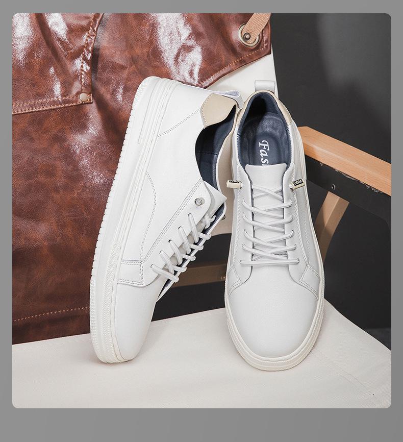 Men's White Leather Low-Top Sneakers - Casual Round Toe