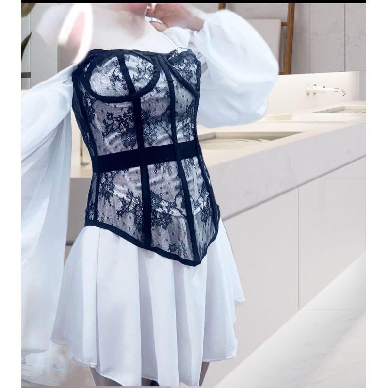 Internet Celebrity French Minority Retro Puff Sleeve Drawstring Slim-Fit Elegant Sexy High Waist Chiffon Women Dress