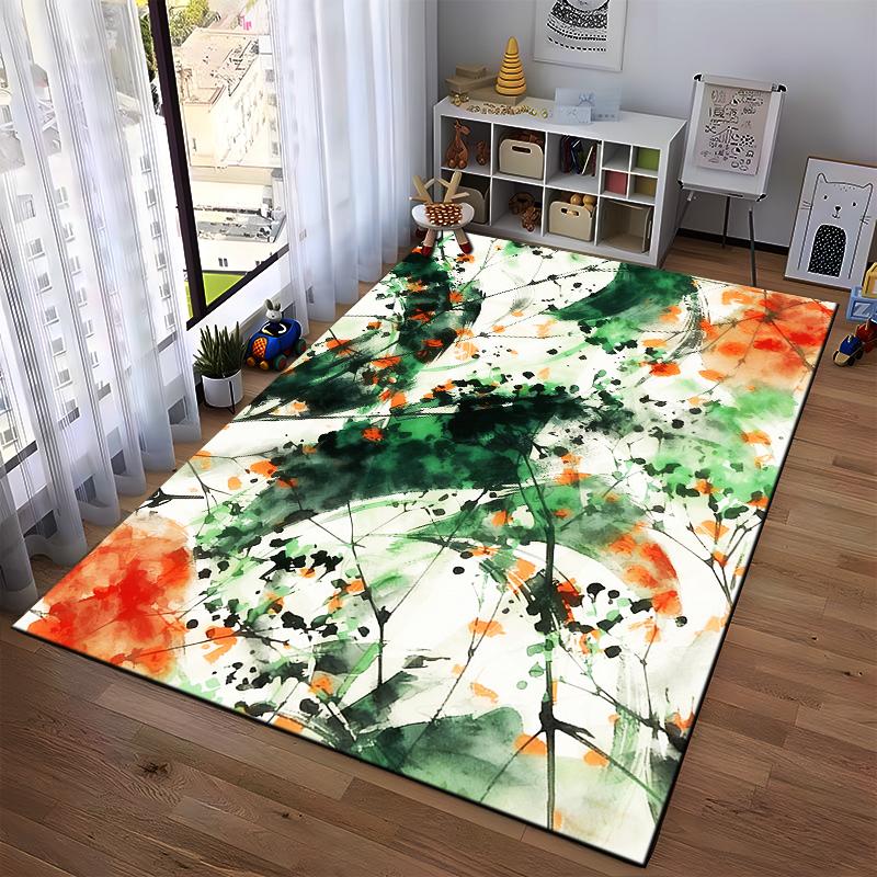 Abstract Art Style Carpet with Green, Orange, and White Modern Design Suitable for use as an anti-slip for living room bedroom sofas