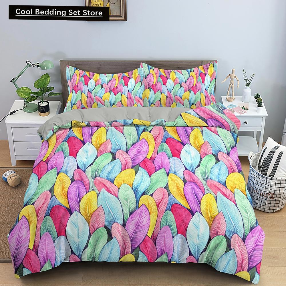 Feathers Duvet Cover Queen/King Size Boho Colorful Bird Feather Bedding Set Tropical Leaves 2/3pcs Polyester Comforter Cover