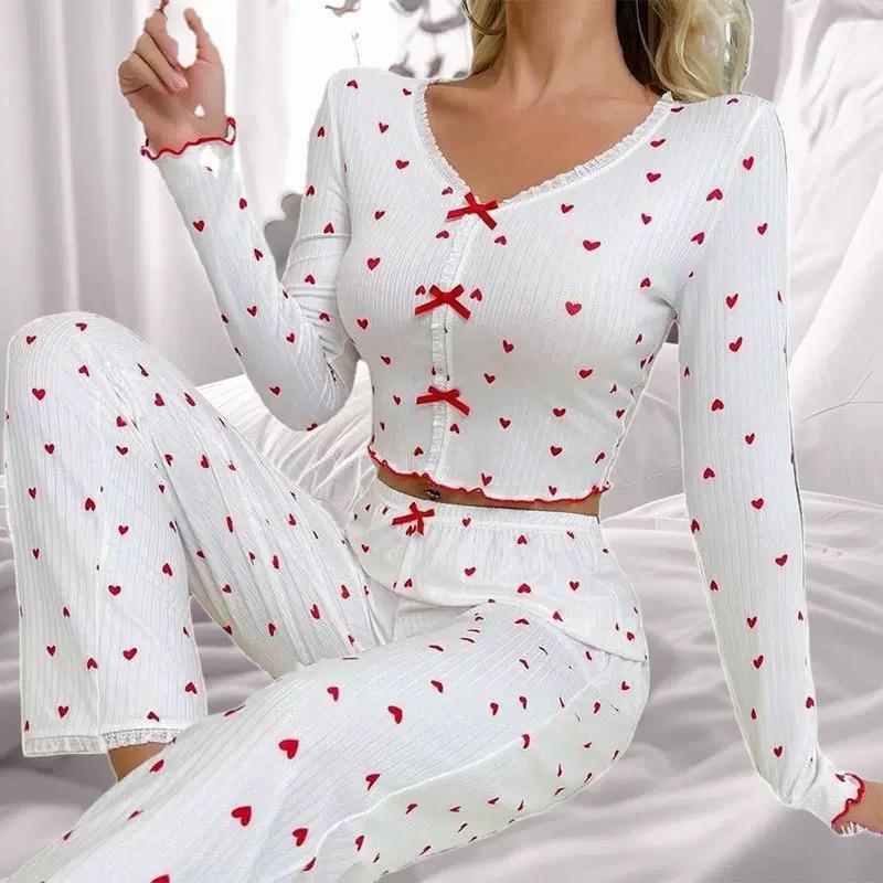 Heart Print V-neck Jacquard Pajama Set for Women - Long Sleeve & Pants