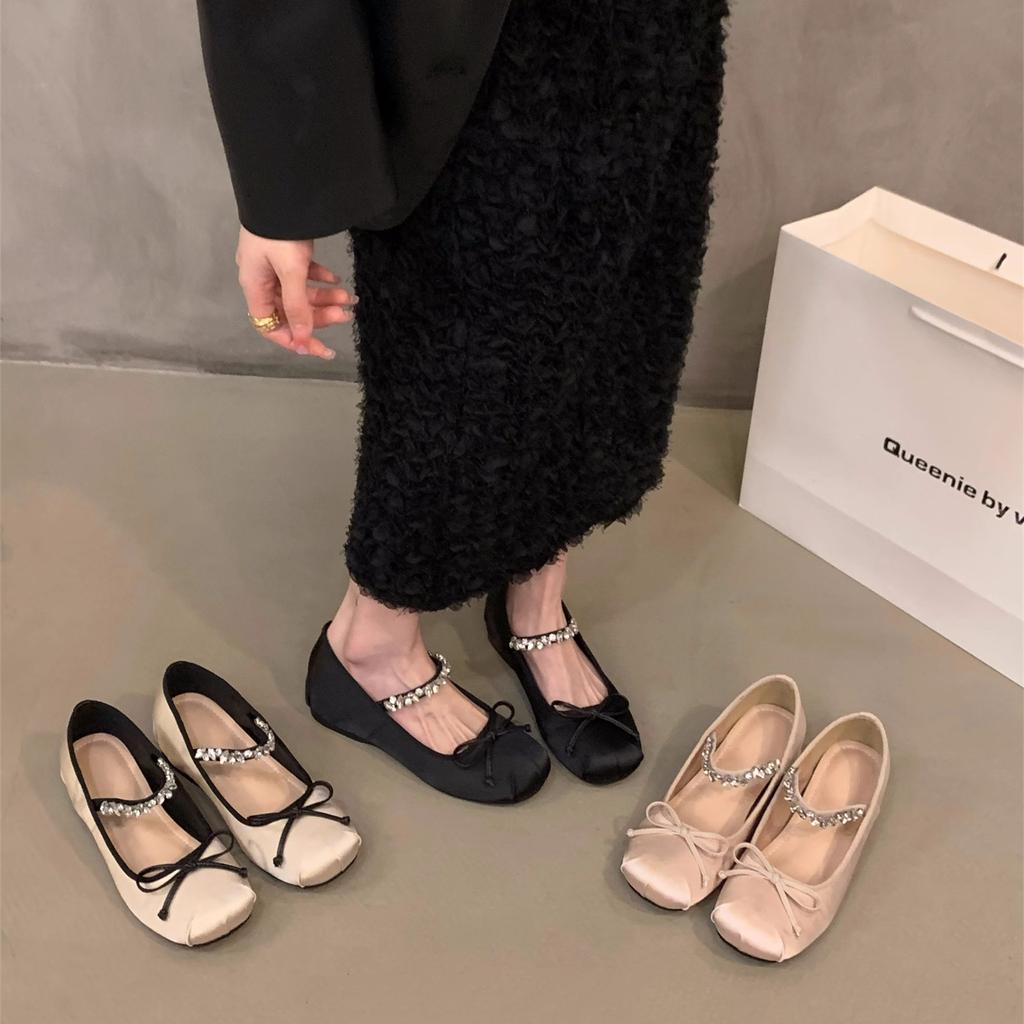 Modische Mary Janes Ballerinas für Damen Knöchel Kristallriemen Slipper Freizeitschuhe Neue Mode Runde Zehenpartie Schleife Einzelne Schuhe Damen Tanzschuhe