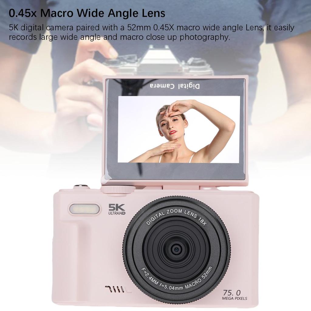 Denash 5K Digitalkamera, 75MP 18x Digitalzoom-Kamera, 3,0-Zoll 180° Klappbildschirm, WiFi Video-Blog-Kamera mit 32GB Speicher für Fotografie
