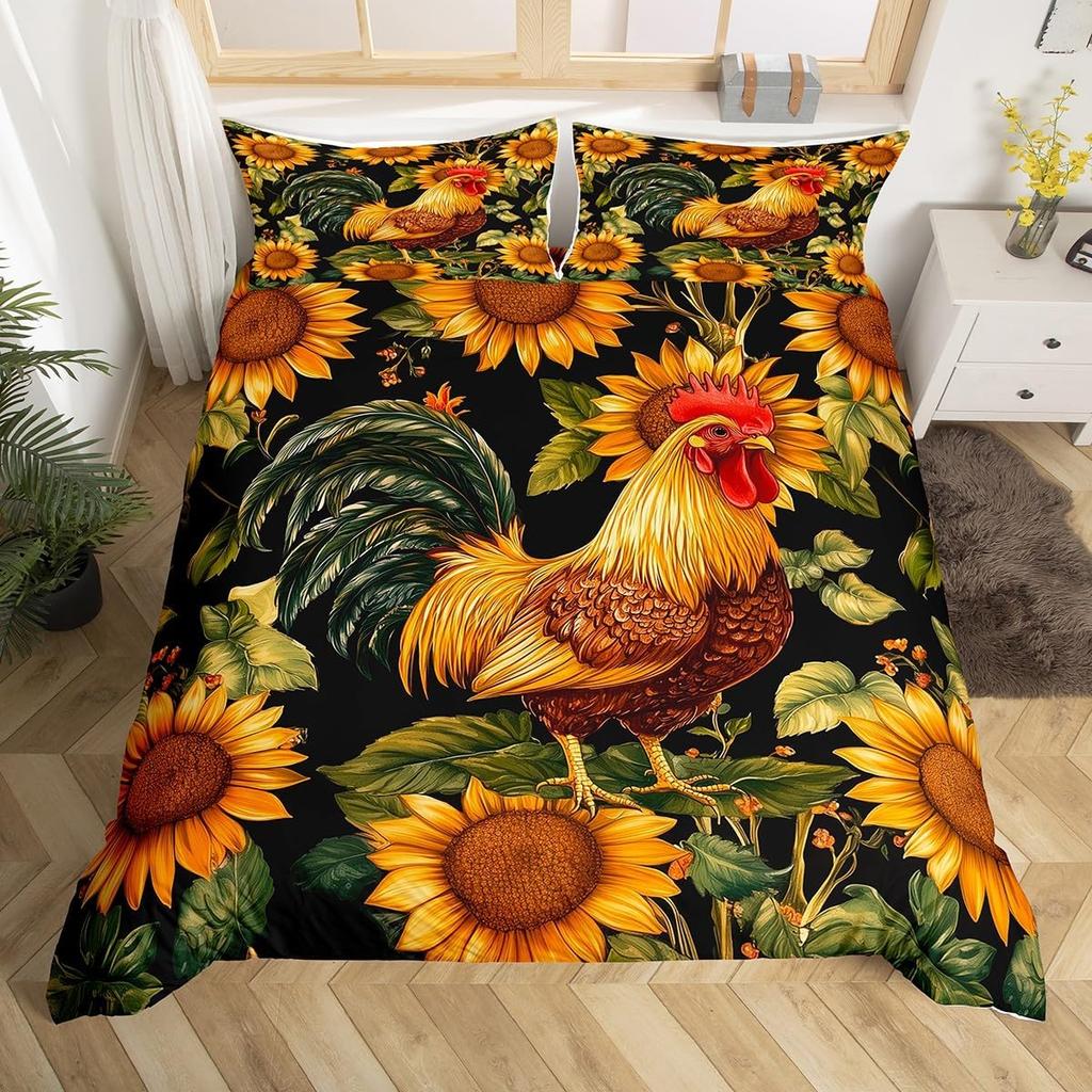 Rooster Duvet Cover Set Twin King Size,Watercolor Chicken Farmhouse Animal Bedding Set For Kids Boys Girls Floral Quilt Cover
