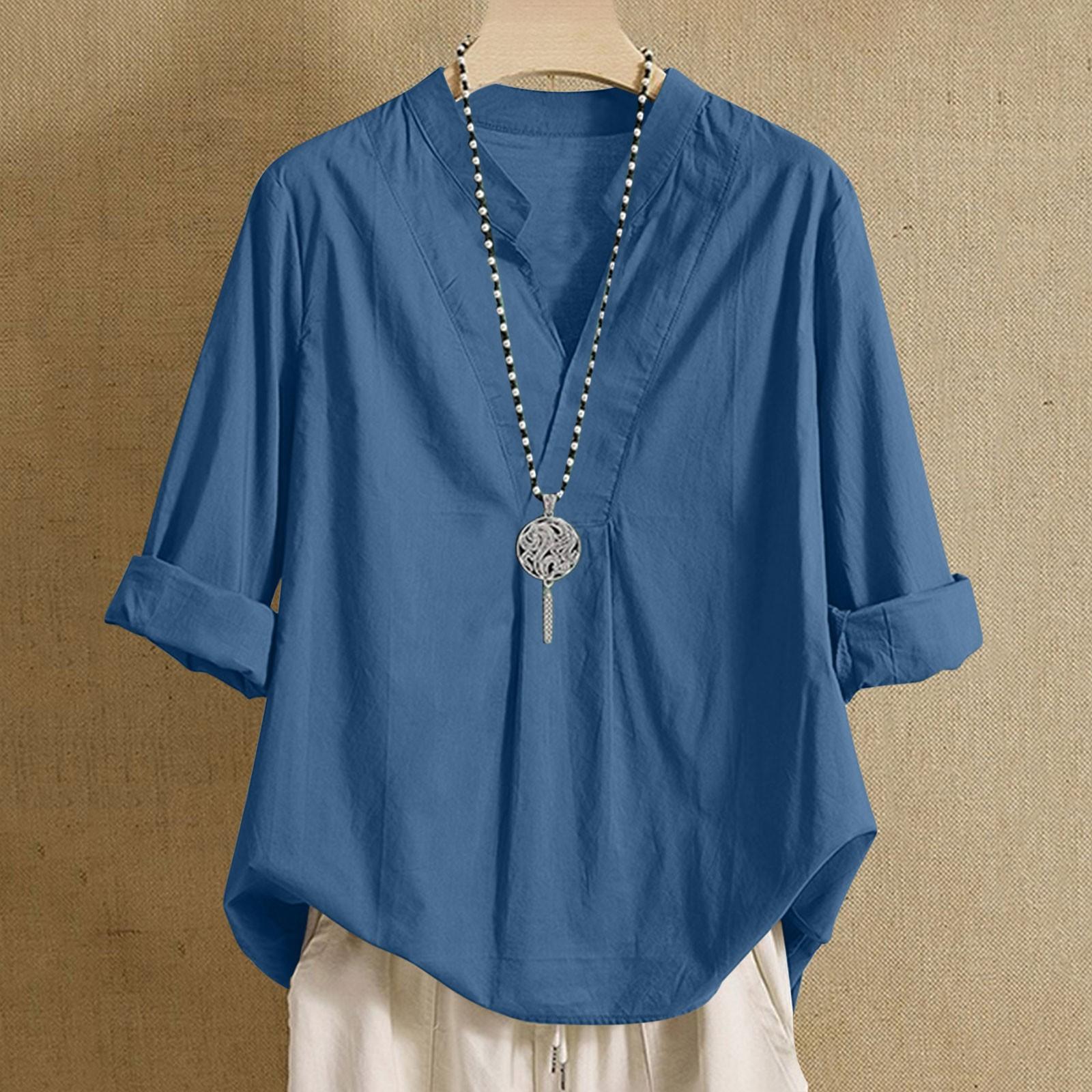 

Women s Cotton Linen Solid Colour 2/1 Sleeve Shirt V-Neck With Buttons Loose Shirt XXL Темно-синій