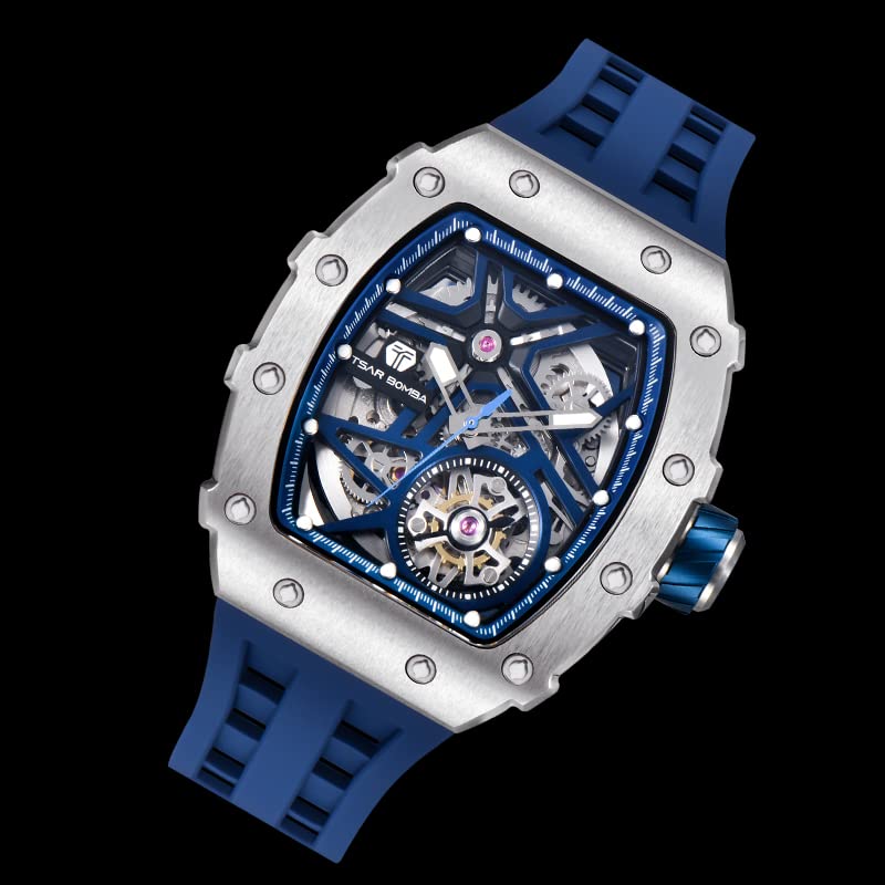 Hodinky TSAR BOMBA Business 50M voděodolné hodinky s skeletem Stylové hodinky Tonneau z nerezové oceli s obličejem a ramenem pro muže Světelný japonský strojek Modrá
