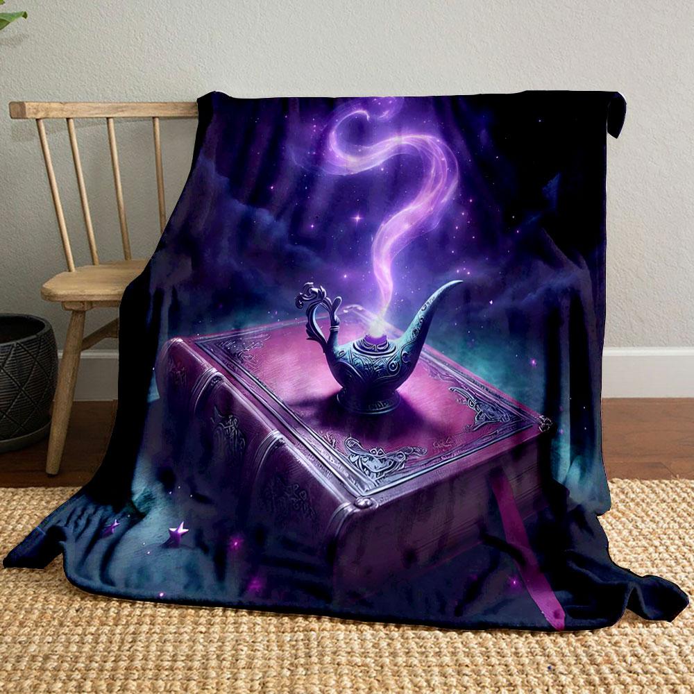 "Magical Lamp and Enchanted Book" Patterned blanket, flannel, suitable for all seasons, home decor, warm and cozy