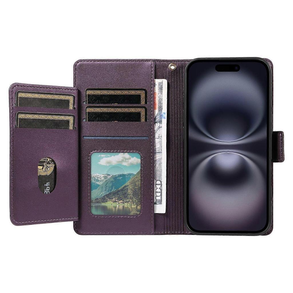 AS For iPhone 16 Plus Case with Card Holder Stand PU Leather Flip Phone Cover - Purple