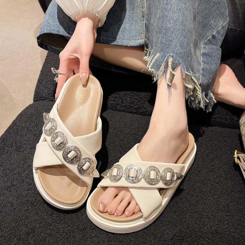 Women Solid Color Slippers Chain Platform Sandals  New Summer Ladies Flats Casual Home Slides Women Modern Slippers Shoes