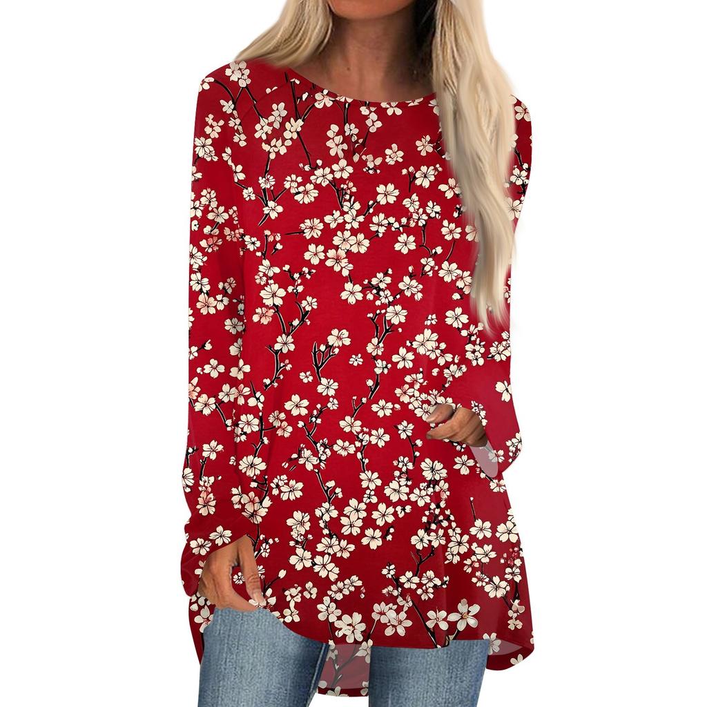 Women's Fashion Casual Long Sleeve Print Round Neck Pullover Top Blouse