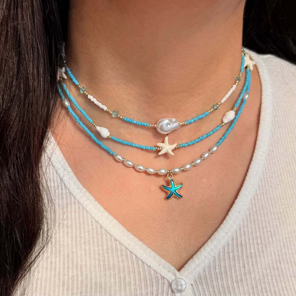Pearl Starfish Necklace With Shell Beads For Summer Beach Vacation Jewelry