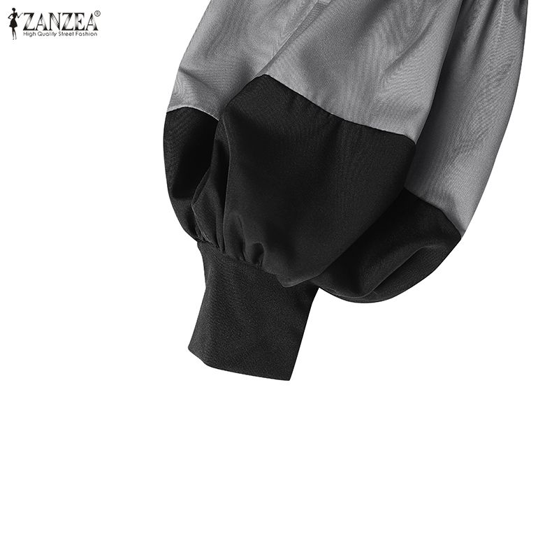 ZANZEA Women Casual Round Neck Puff Long Sleeve Loose Patchwork Dress