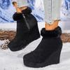 Winter New Round Toe Side Zip Platform Non-Slip Suede High Heel Booties Wedge Cotton Shoes