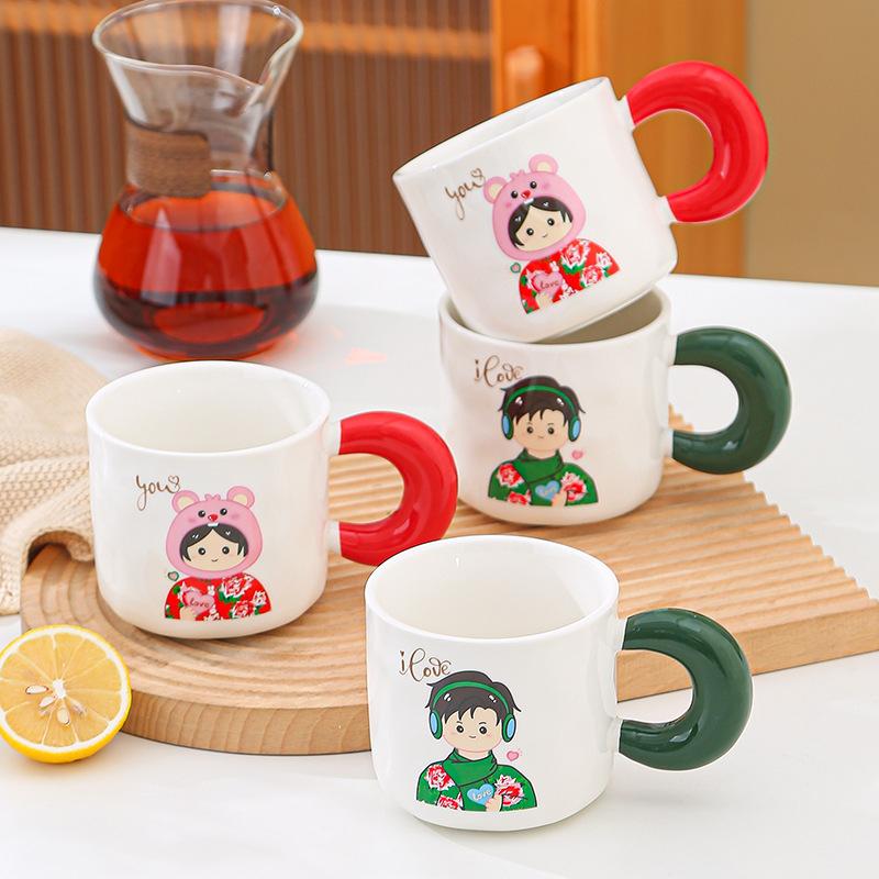 Northeast Big Flower Retro Mug Big Handle Couple Cup Practical Ceramic Water Cup Gift Box
