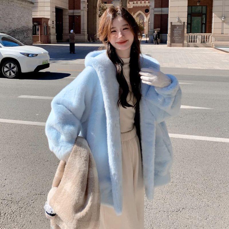 

Женское синее свободное пальто с капюшоном, толстая теплая куртка из искусственного меха, с длинным рукавом, весенне-осенняя верхняя одежда S синий