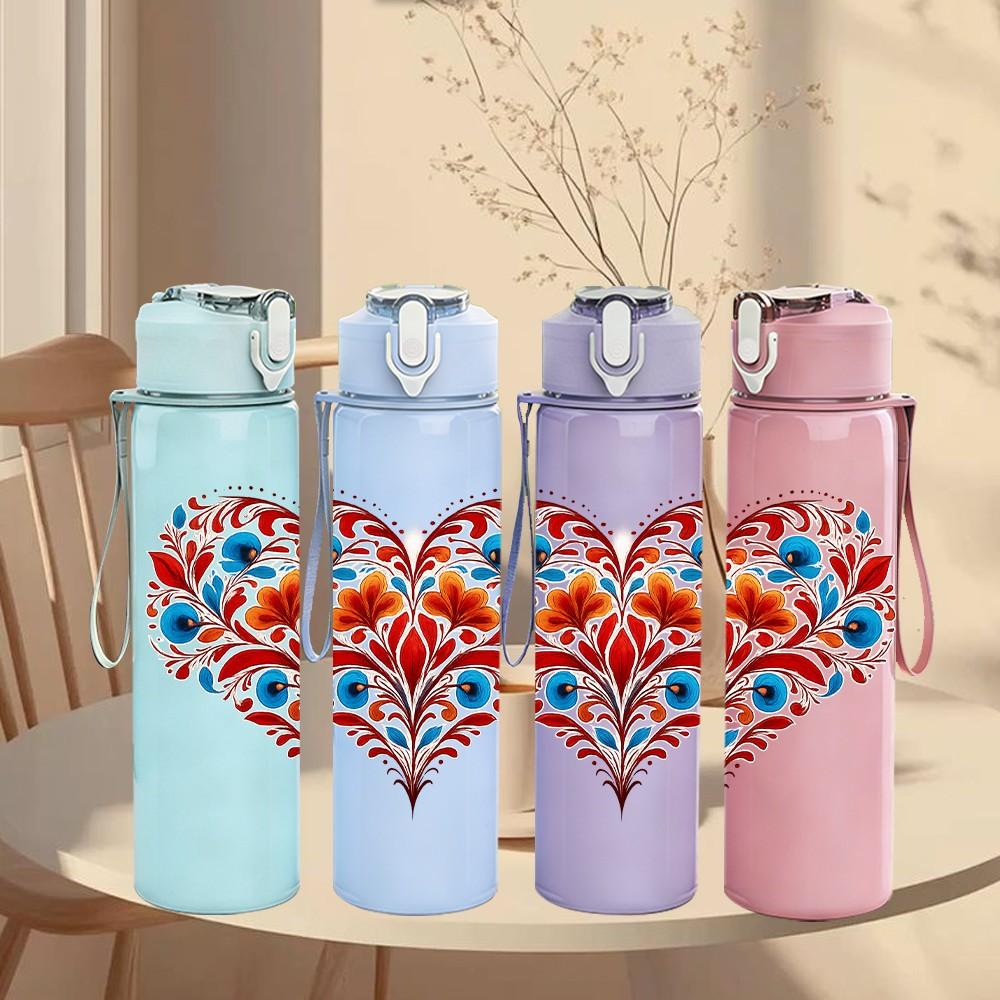 1PC Folk Floral Heart Pattern 750ml Color Plastic Sports Water Bottle Leakproof Flip Straw Lid Suitable for Sports Office Home Use