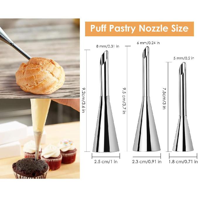 Large Cream Icing Piping Nozzle Tips 3 Pieces Professional Stainless Steel Puff Nozzle for Decorating Cake and Filling Pastry
