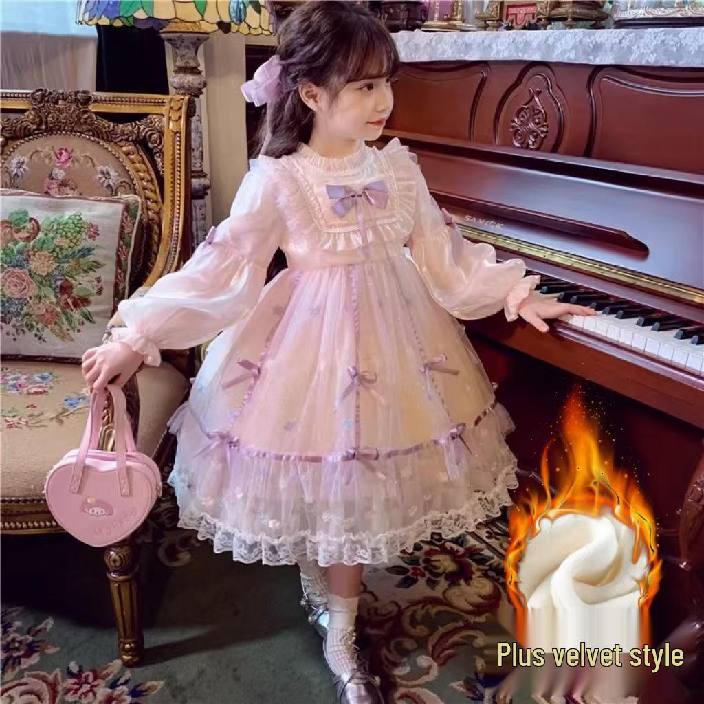 Girls' Pink Lolita Lace Bowknot Princess Dress with Puff Sleeves