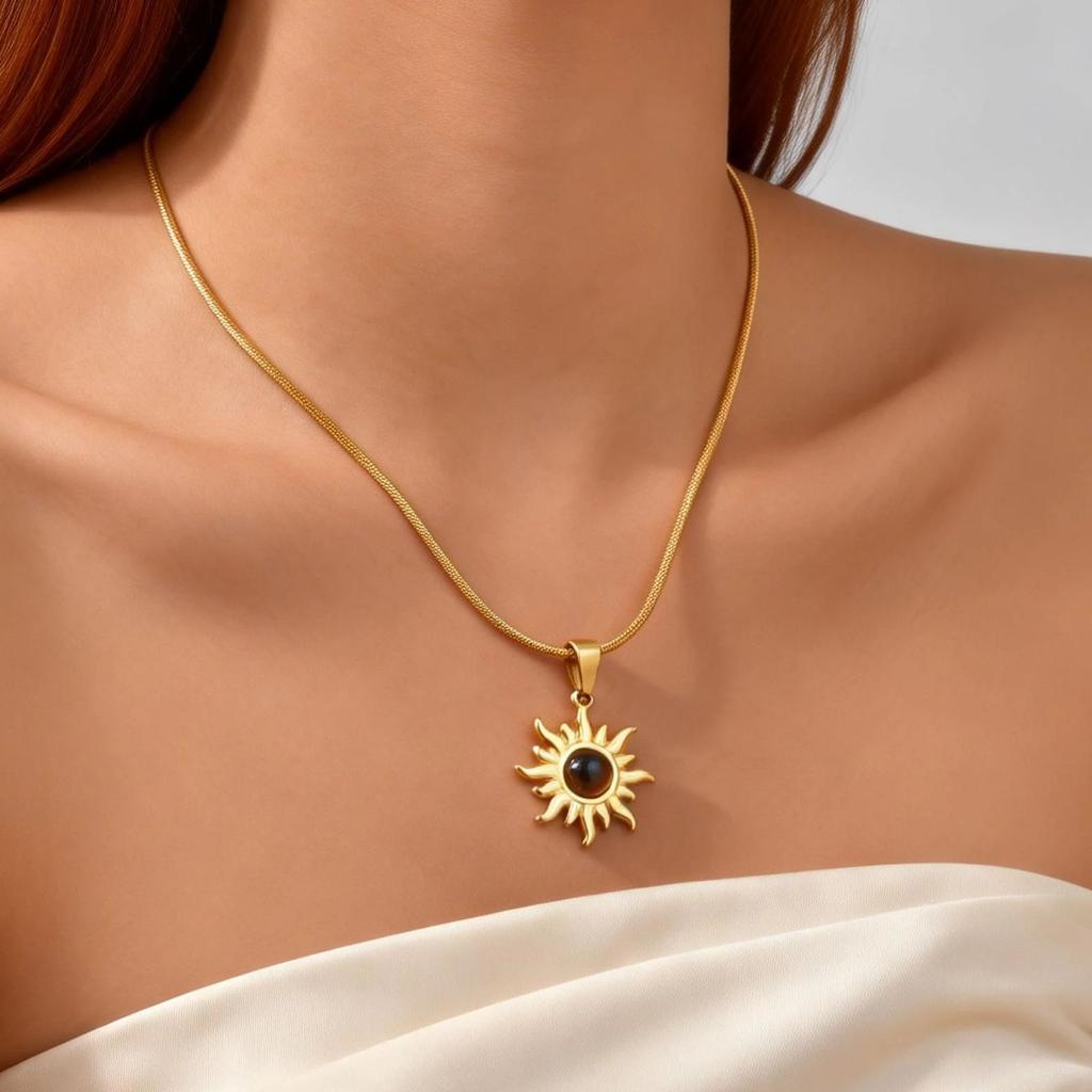 Fashion Sun Pendant Necklace for Women, Round Natural Tiger Eye Stone Stainless Steel Necklace, Exquisite Luxury Jewelry Gifts