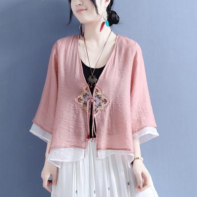 Cardigan Ricamato Stile Folk Donna Vestibilità Larga Camicia di Lino con Bottoni Blusa