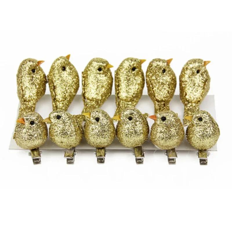 

12 Pcs/Set of Artificial Simulation Foam Bird Set Mini Bird Jewelry Flash DIY Garden Christmas Tree Decoration Craft золотой