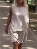 Women's Cotton & Linen Sleeveless Shorts Set - Casual Round Neck Design