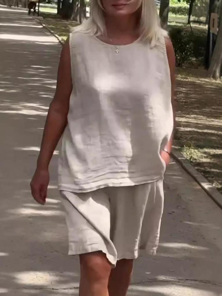 Women's Cotton & Linen Sleeveless Shorts Set - Casual Round Neck Design
