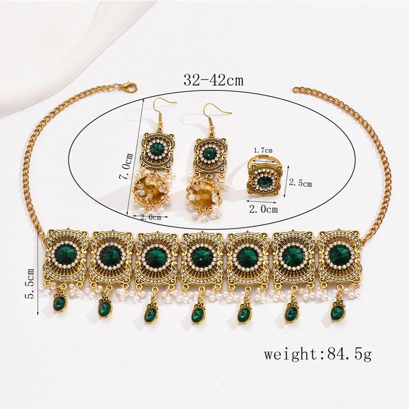 Metal Diamond Square Accessories Three-piece Set, Diamond Necklace Earrings Ring Combination Set