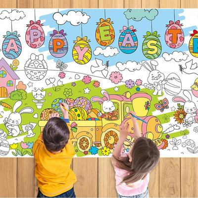 DIY Easter Giant Coloring Poster Cartoon Bunny Art Craft Easter Tablecloth Doodle Gift Easter Coloring Banner