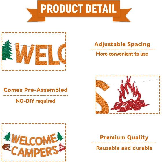 Welcome Campers Banner - Camping Theme Birthday Bachelorette Party Decor, Family Camp Day Party Decor, Forest Adventure Baby Shower Decorations