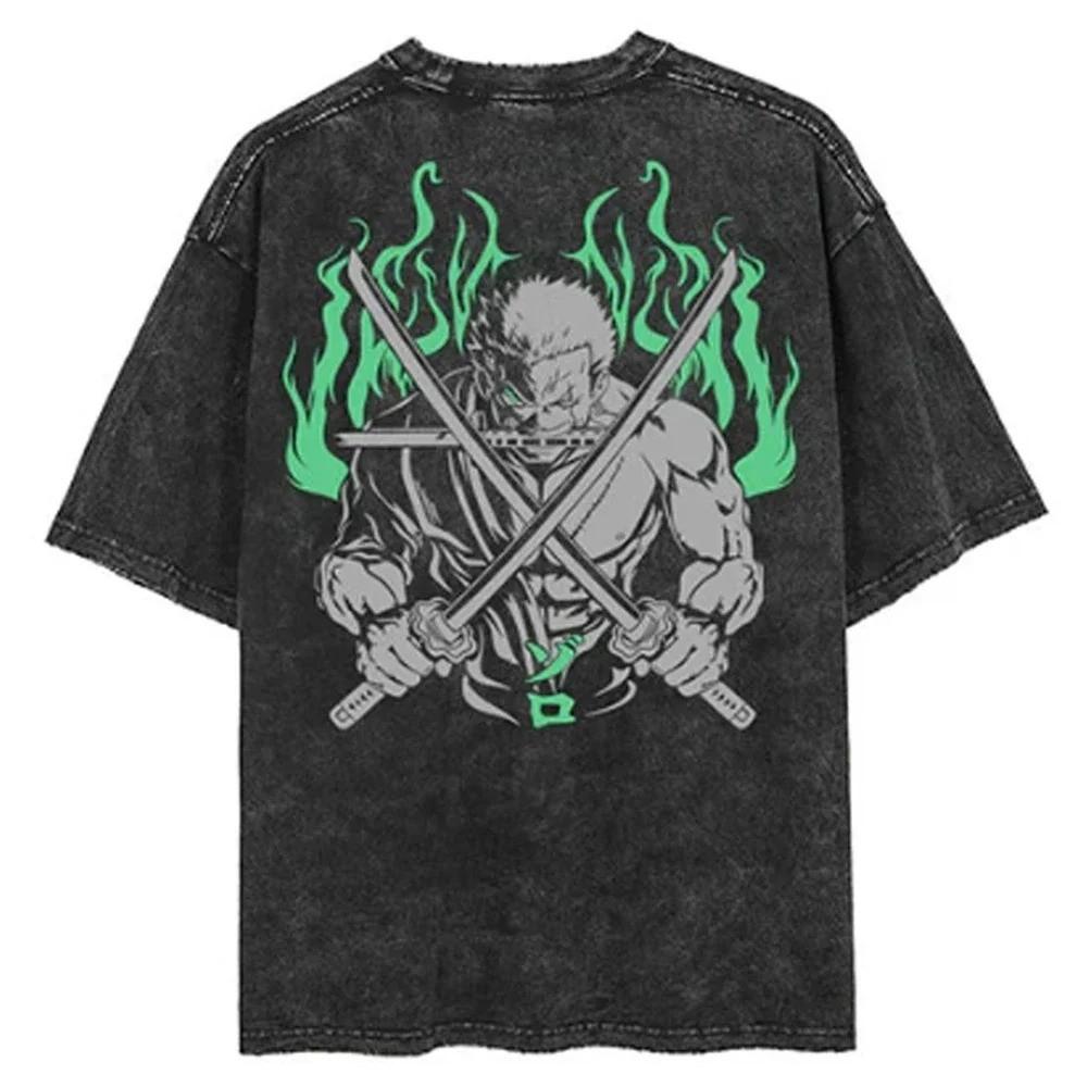 One Piece Tee Men Casual Oversized Washed Harajuku Tshirt Japanese Anime