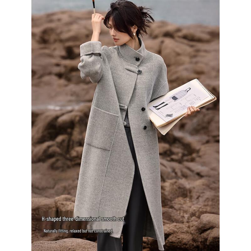 XWI Women's 100% Wool Stand Collar Double-Faced Winter Coat
