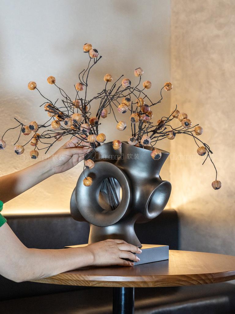 Ceramic Handicrafts Hollowed-out Pipe Flower Arrangement Retro Grey Ceramic Ornaments Abstract Geometric Pot Home Accessories