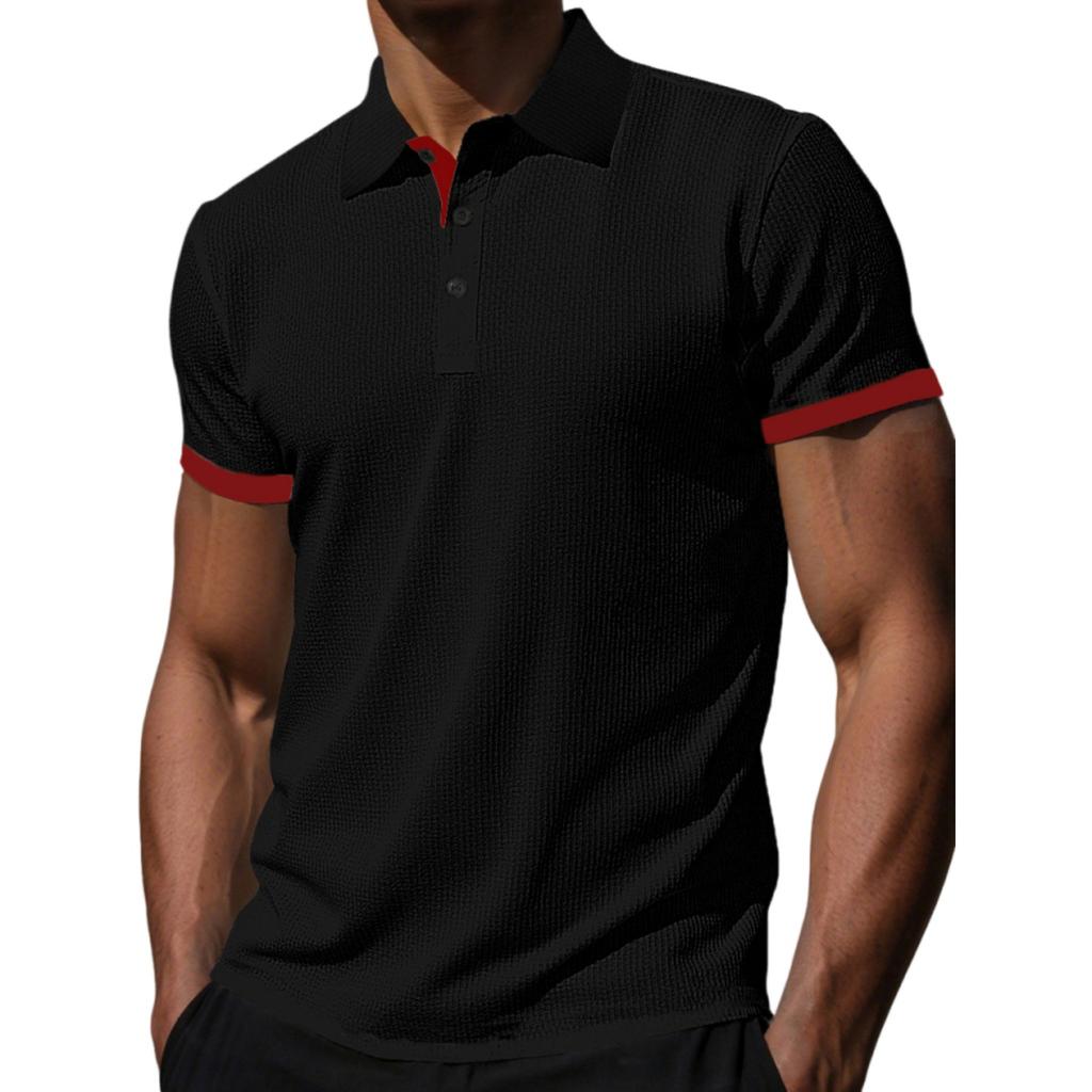 Men's Color Block Shirt Collar Short Sleeve T-shirts, Summer Casual Tops